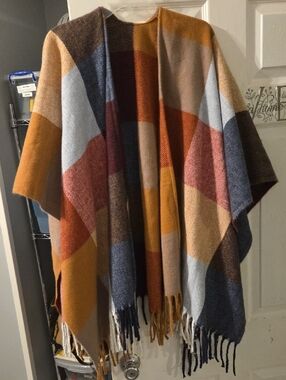 Multicolor Plaid Fringe Throw Blanket - Rust, Blue & Cream